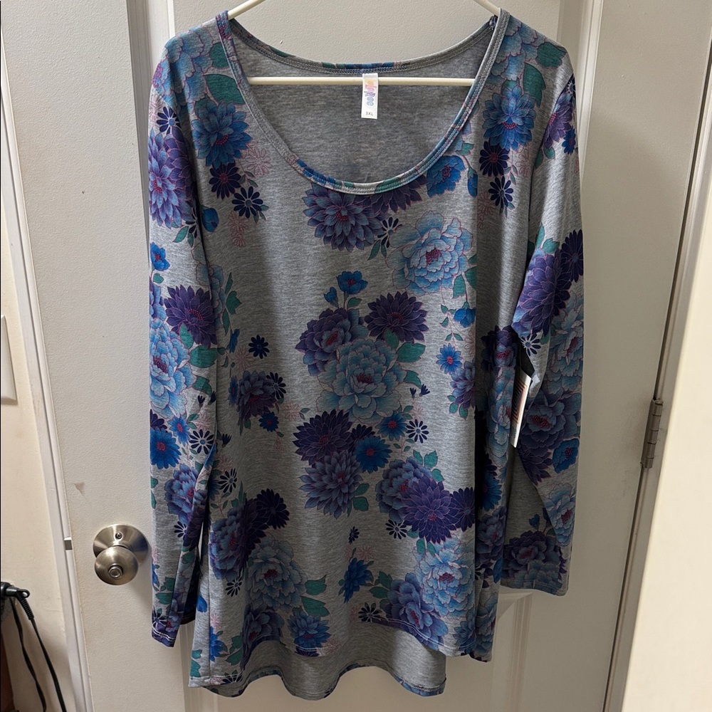 LuLaRoe Gray and Purple Floral Long Sleeve Top